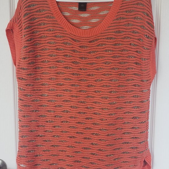 ANN TAYLOR SHORT Cap SLEEVED SWEATER top Metallic Thread Wave Pattern L Orange - Picture 1 of 6